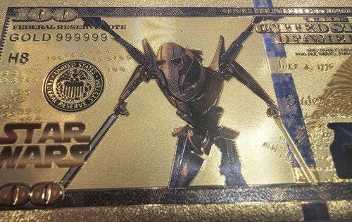 GENERAL GRIEVOUS: Star Wars Galaxy .9999 GOLD Foil 100 Fantasy Note; Full color scene on back; Comes in a Collector Display holder
