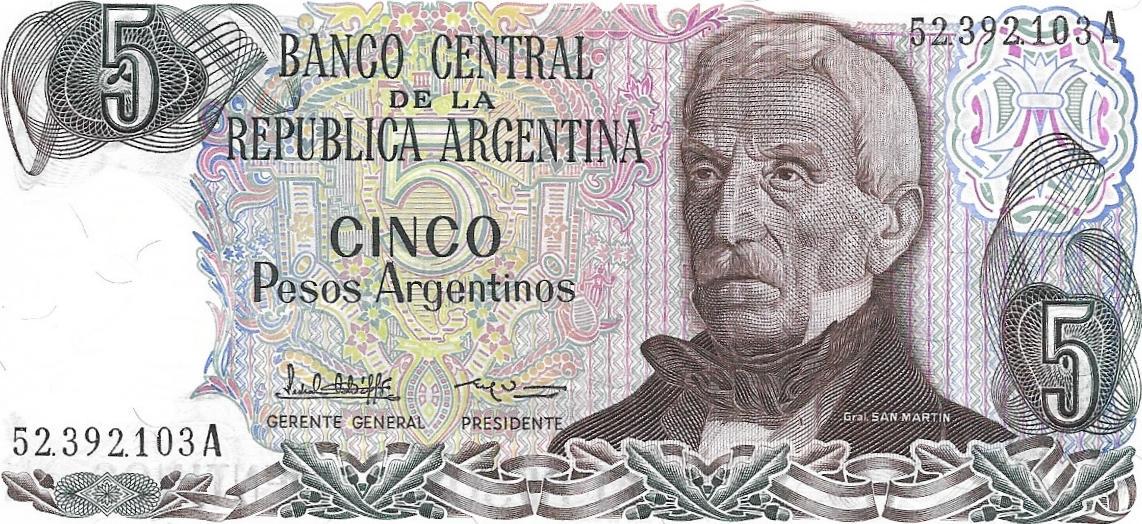 Argentina 5 Pesos Argentinos; P-312, SIGNATURE VARIETY 1; UNCIRCULATED from 1983-84