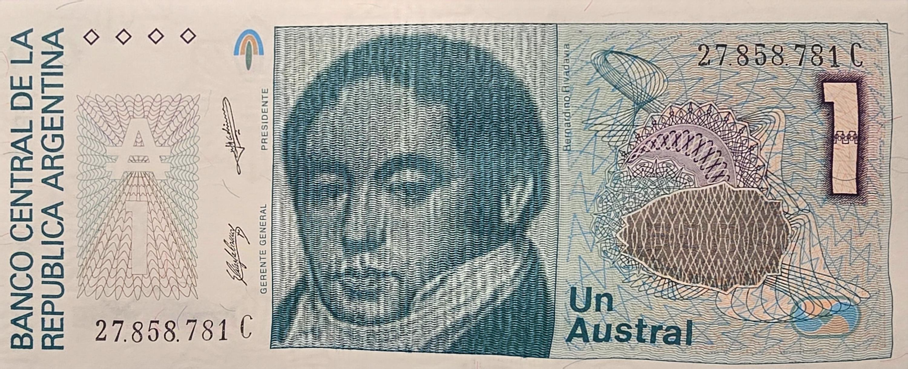 Argentina 1 Austral, P-323b; UNC; 1985; features Liberty with Torch and Shield
