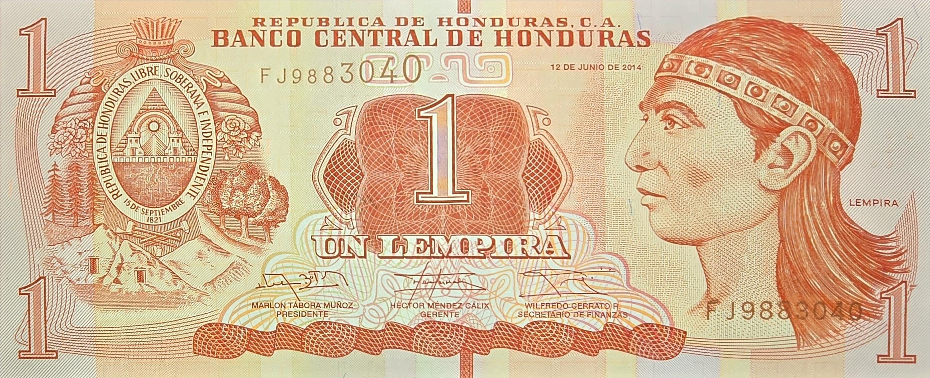 HONDURAS 1 Lempira Banknote, P-96b, UNCIRCULATED from 2014; featuring the Myan Ruins of Copan