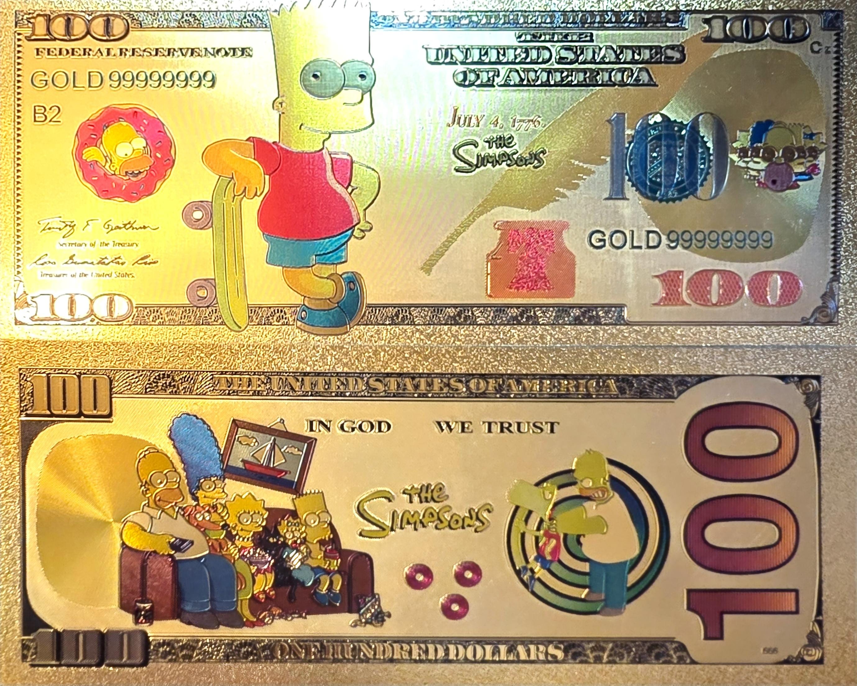 BART SIMPSON from The Simpsons; .9999 GOLD FOiL 100 Note; Comes in a collector display holder