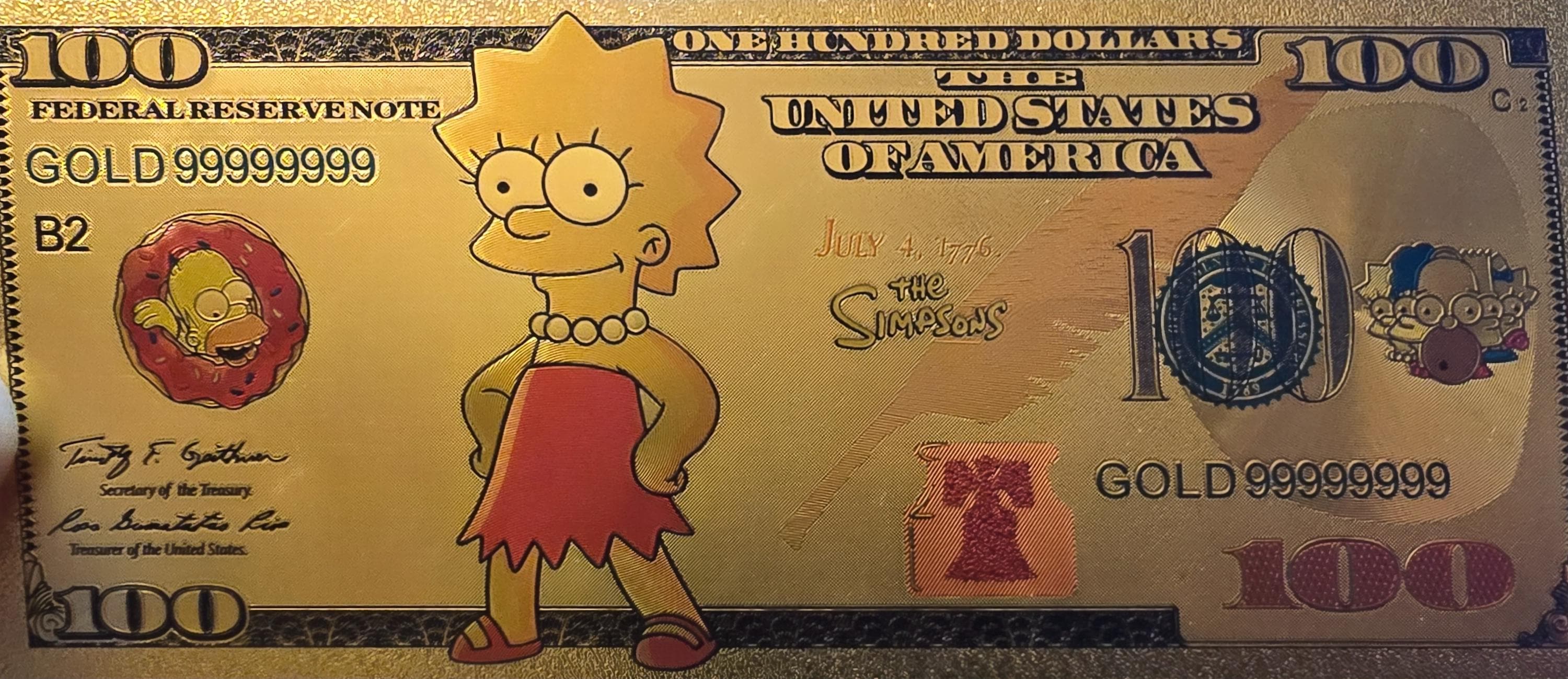 LISA SIMPSON from The Simpsons; .9999 GOLD FOiL 100 Note; Comes in a collector display holder