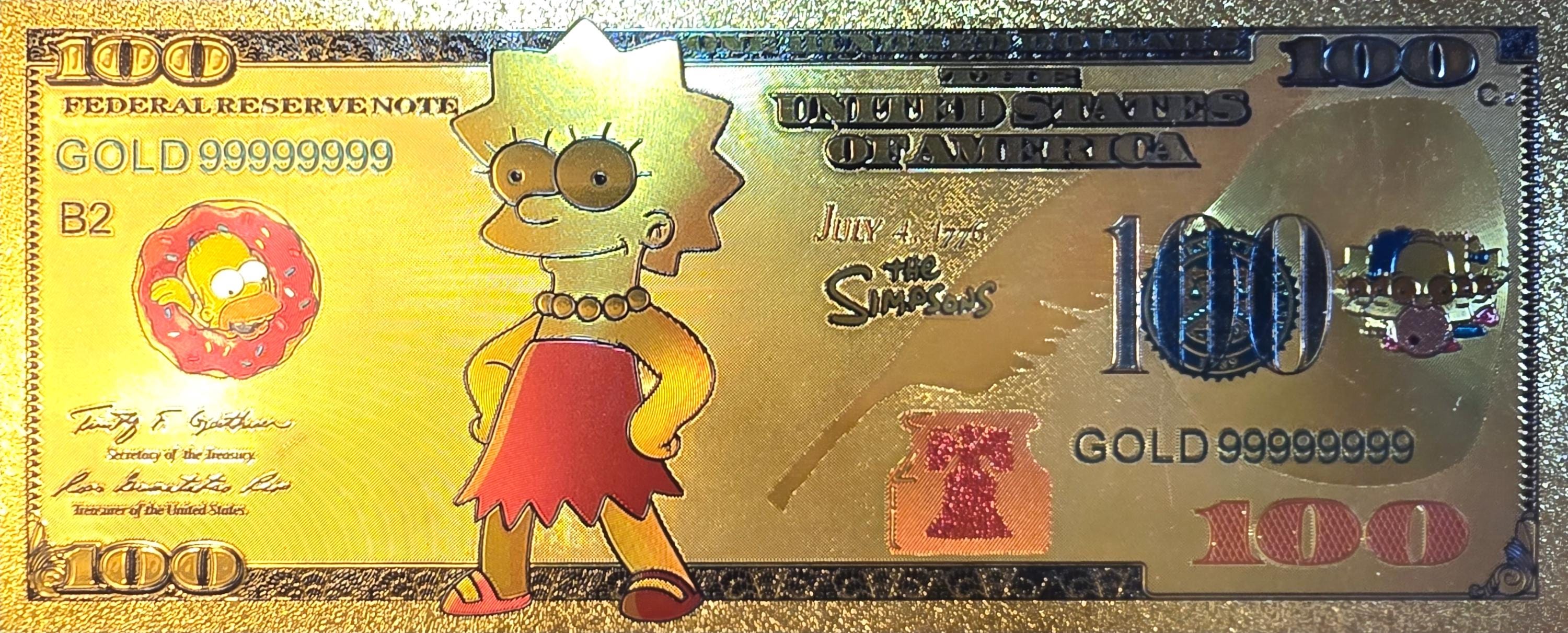 LISA SIMPSON from The Simpsons; .9999 GOLD FOiL 100 Note; Comes in a collector display holder