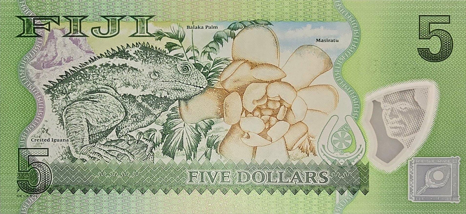 FIJI 5 Dollars, P115r, REPLACEMENT Note, UNCIRCULATED, 2013; features a Lorikeet on front and Crested Iguana on back