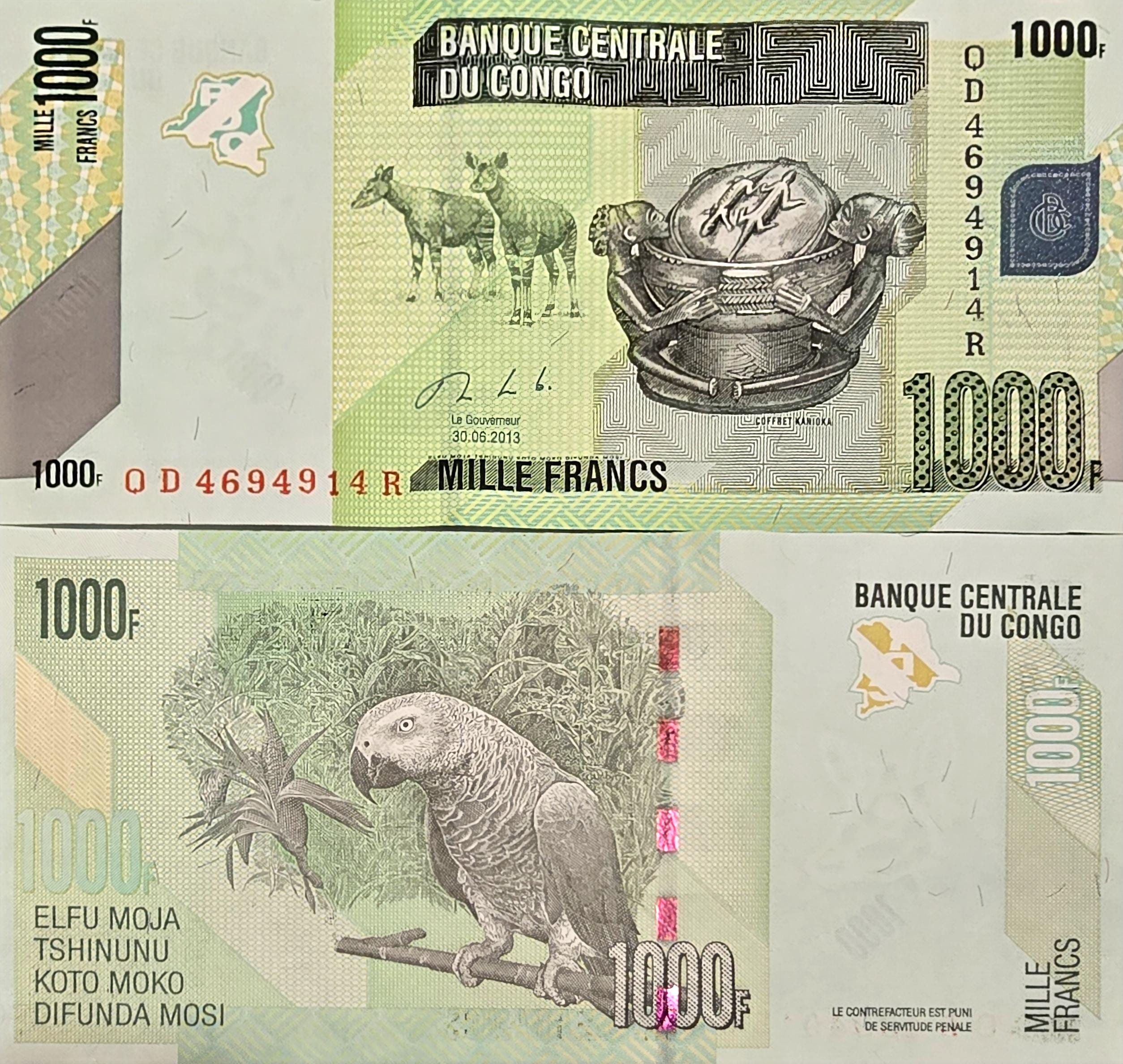 CONGO 1000 Francs, P101b, UNCIRCULATED, 2013; Features Two Okapi; Lizards and a PARROT