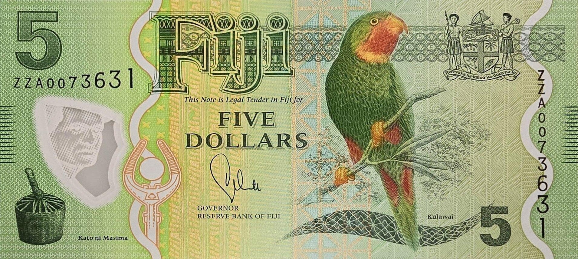 FIJI 5 Dollars, P115r, REPLACEMENT Note, UNCIRCULATED, 2013; features a Lorikeet on front and Crested Iguana on back