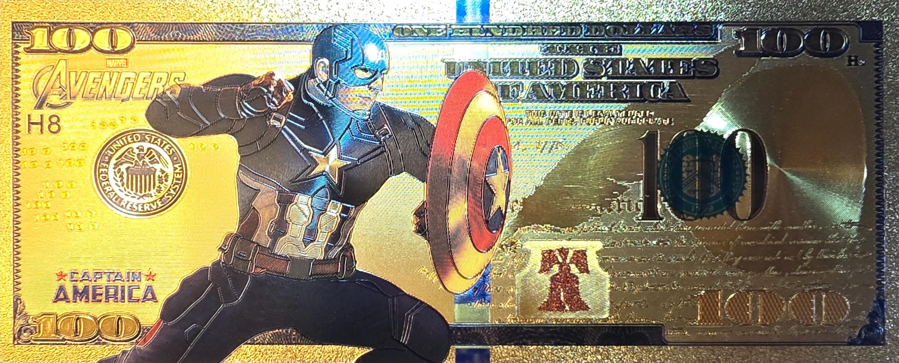 CAPTAIN AMERICA: With the Avengers, .9999 GOLD Foil Fantasy Note; Comes in a collector display holder
