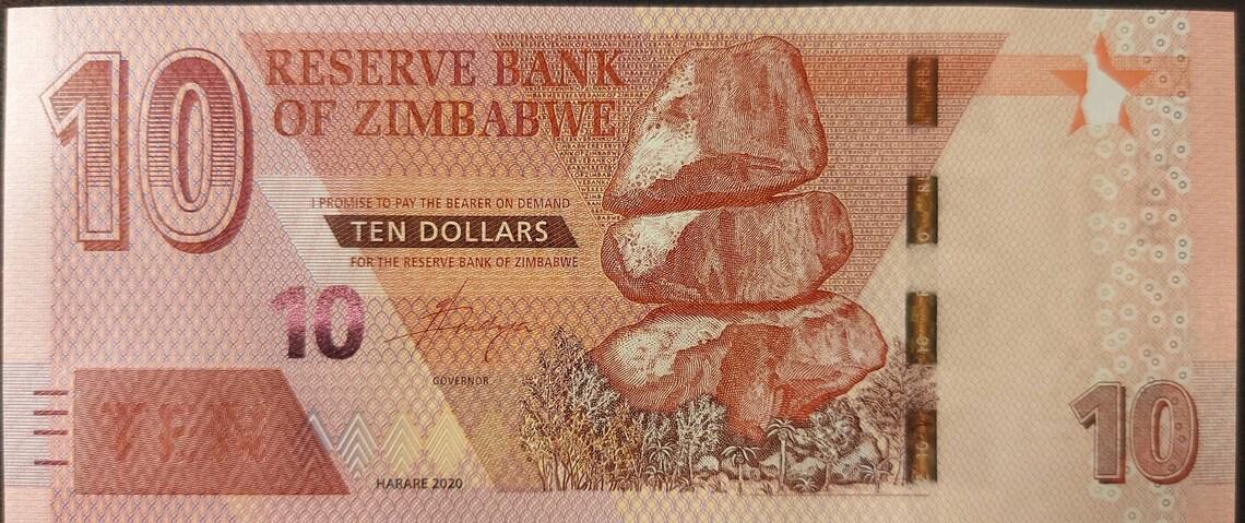 ZIMBABWE 10 Dollars; B-194 from 2020; Chiremba Balancing Rock and Cape Buffaloes