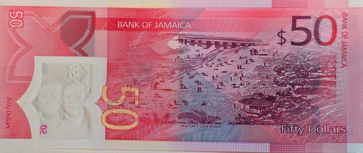 Jamaica 50 Dollars, B251a, UNCIRCULATED, 2023; features Doctor's Cave Beach