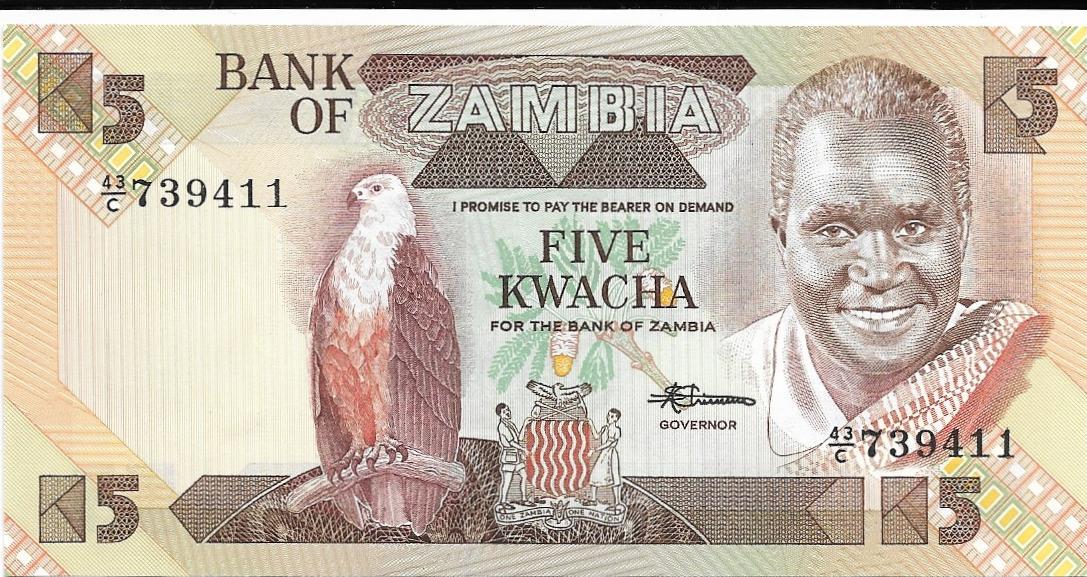 ZAMBIA 5 Kwacha; P-25d; UNCIRCULATED, 1980; Features a Fish Eagle; Hydro Dam