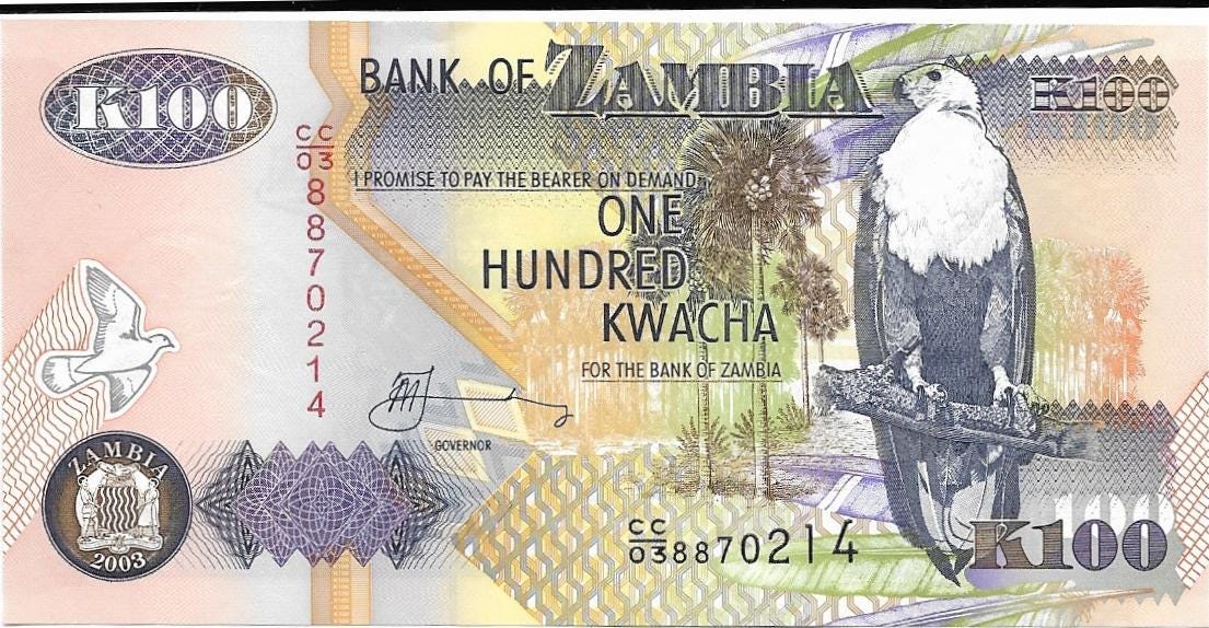 ZAMBIA 100 Kwacha, P-38d, UNCIRCULATED, 2003, African Fish Eagle; Water Buffalo