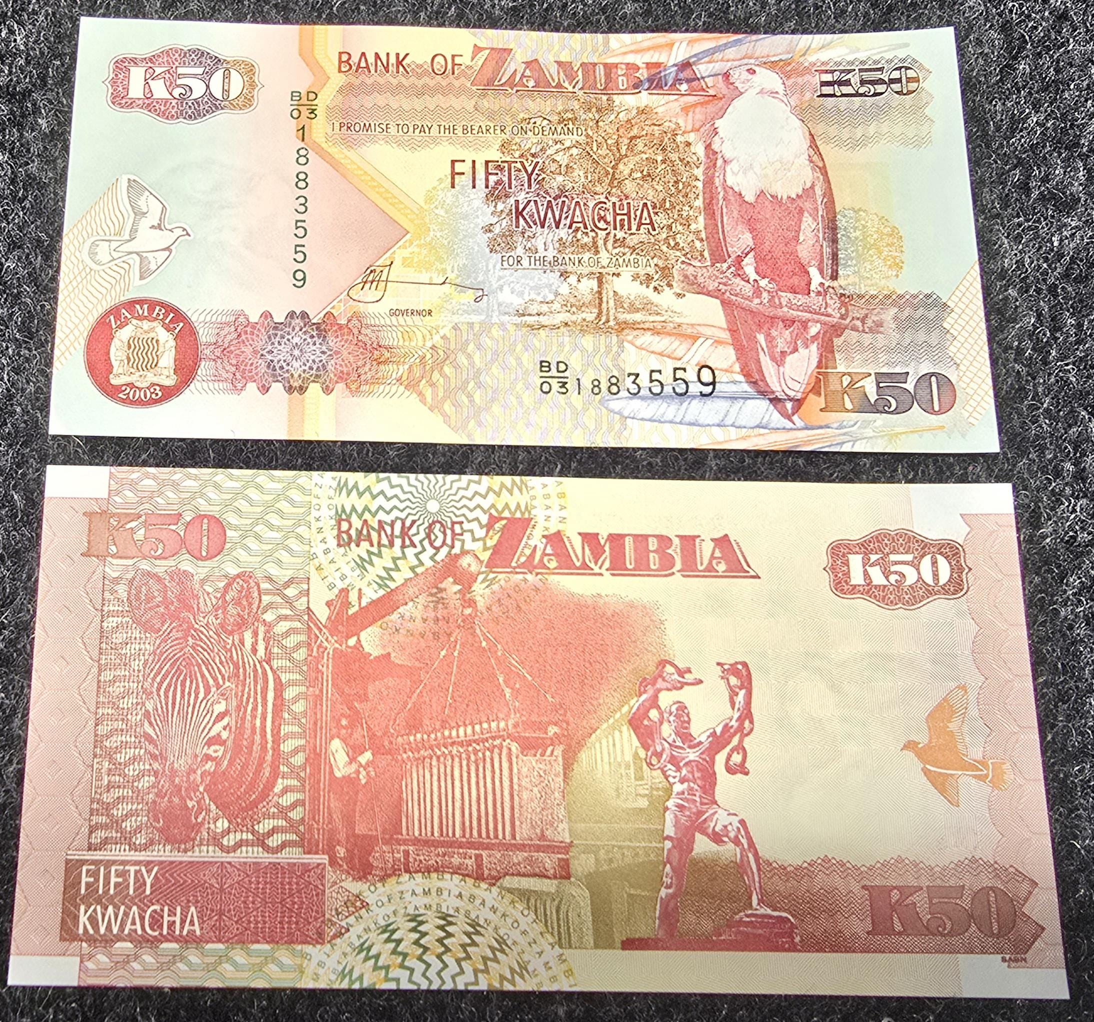 ZAMBIA 50 Kwacha, P-37d, UNCIRCULATED, 2003, African Fish Eagle; ZEBRA