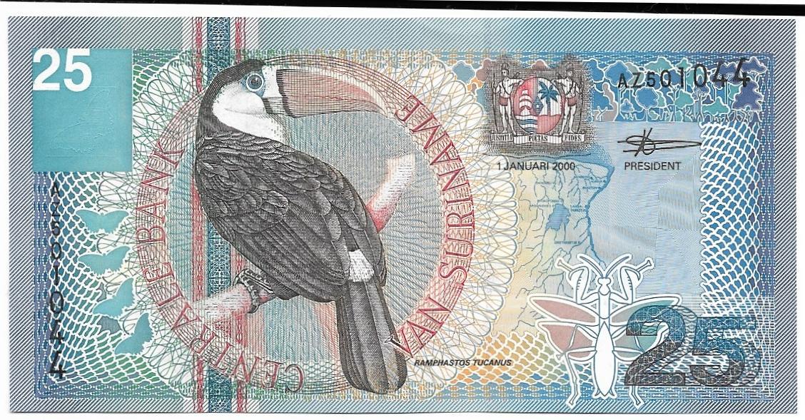 SURINAME 25 Gulden banknote, P- 148, UNC from 2000, Popular Note; Red Billed Toucan