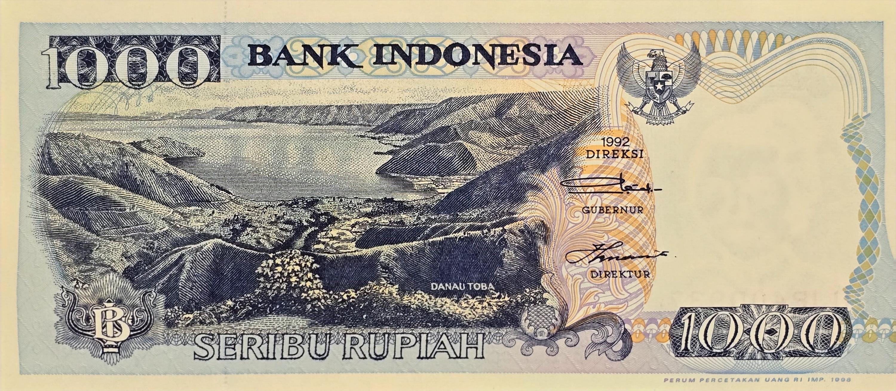 INDONESIA 1000 Rupiah, P- 129g, UNCIRCULATED from 1998; Lake Toba, stone jumping