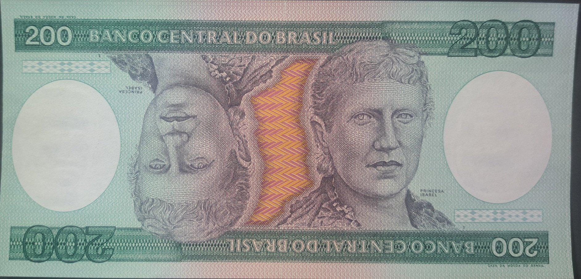 Brazil 200 Cruzeiros, P-199b ,UNCIRCULATED, 1984; Features Princess Isabelle; Unique MIRROR IMAGE banknote