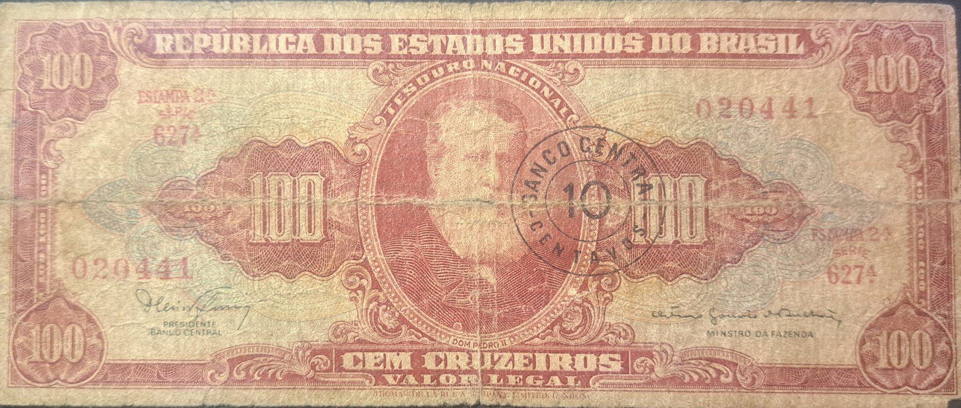 Brazil 10 Centavos on a 100 Cruzeiros; P-185a; Low Grade; 1967; features Dom Pedro II