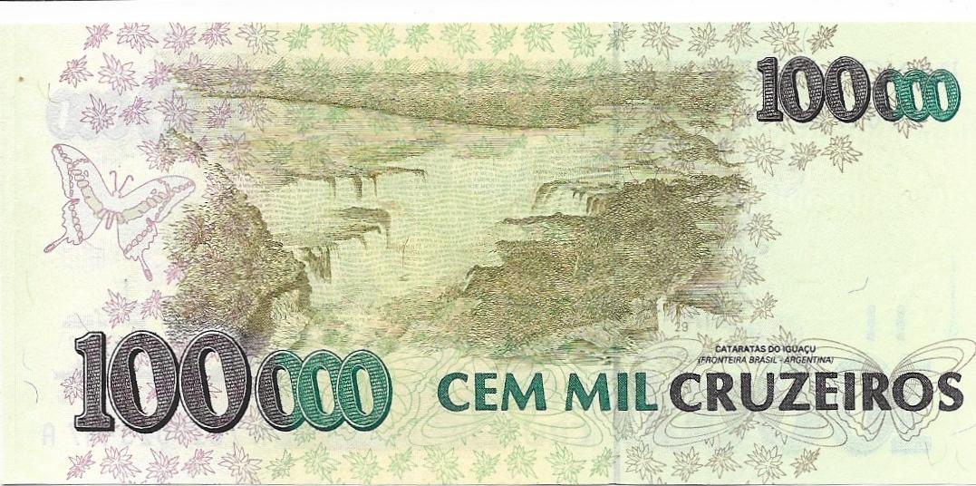 Brazil 100 Reals on 100000 Cruzeiros Banknote; P -238; UNCIRCULATED, 1993; features a Hummingbird feeding nestlings and a Butterfly