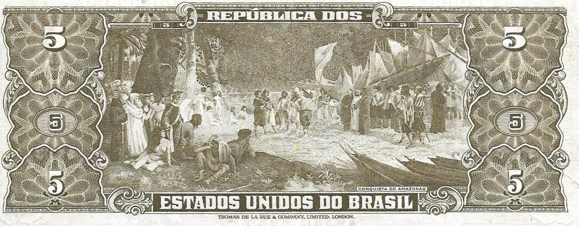 Brazil 5 Cruzeiros, P-176a; UNCIRCULATED; 1964; features the Amazon Conquest