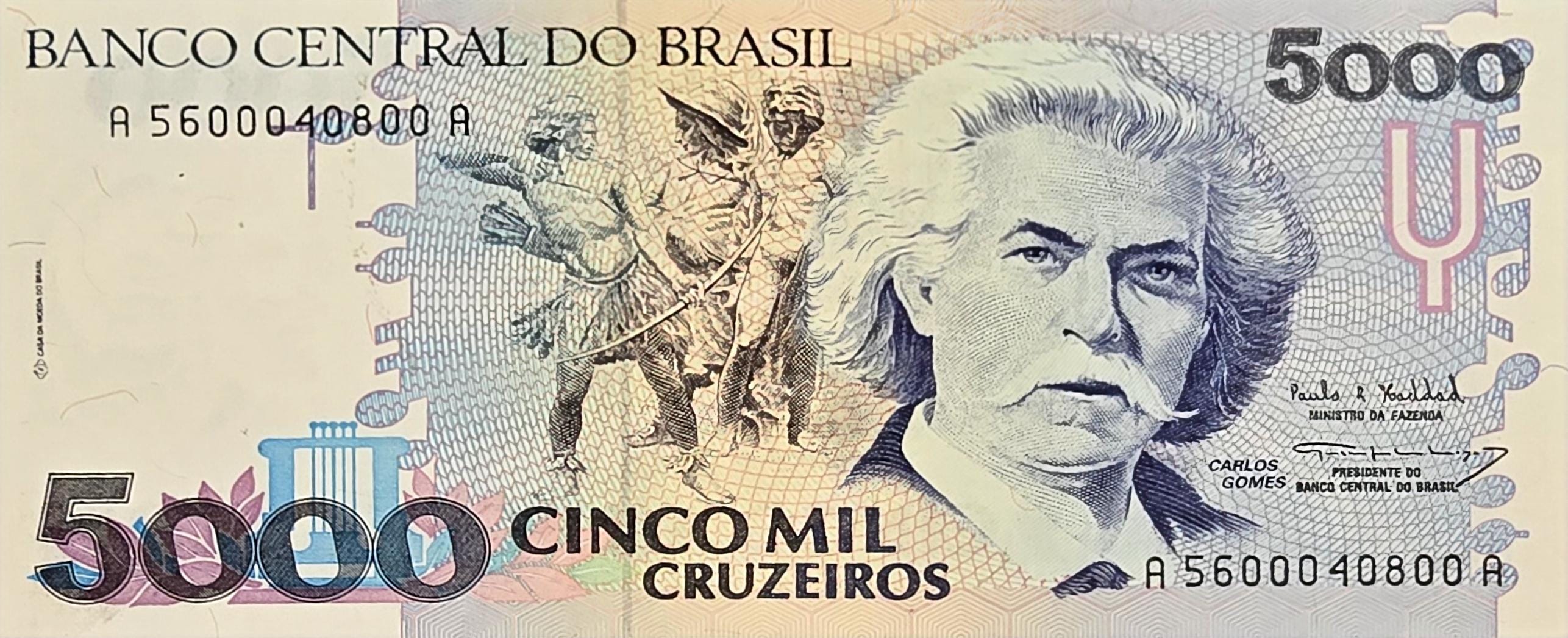 BRAZIL 5000 Cruzeiros banknote, P-232c, Uncirculated, 1993, features C. Gomes