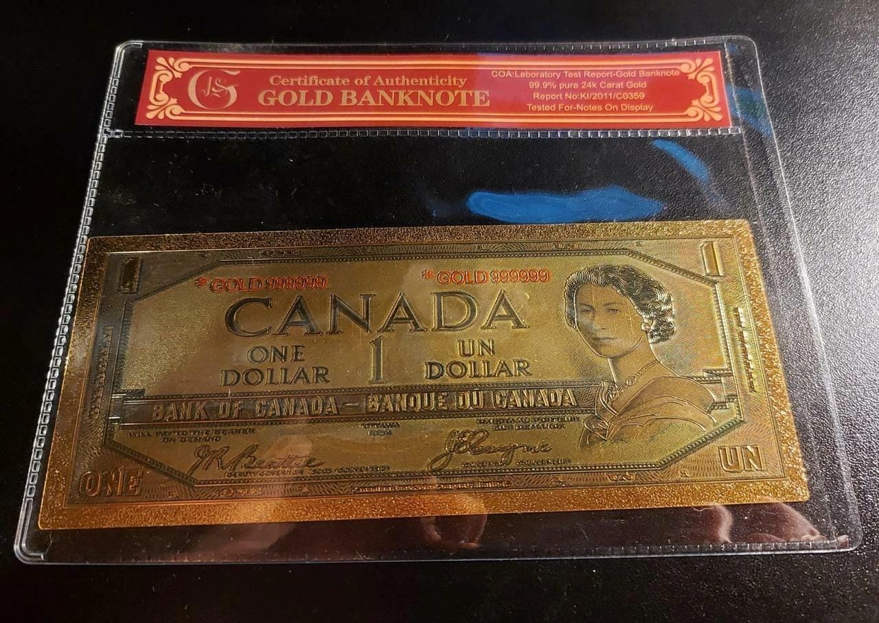 1954 Canada 1 Dollar .9999 GOLD FOIL FANTASY Note with Certificate of Authenticity
