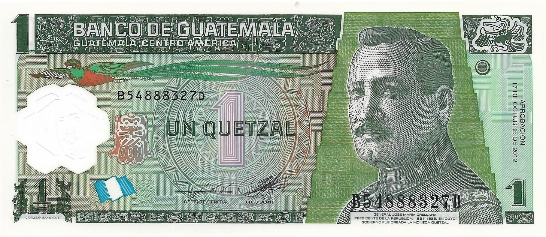 GUATEMALA 1 Quetzals, P-115d, UNCIRCULATED, 2012; features a Bank and the Quetzal Bird; POLYMER