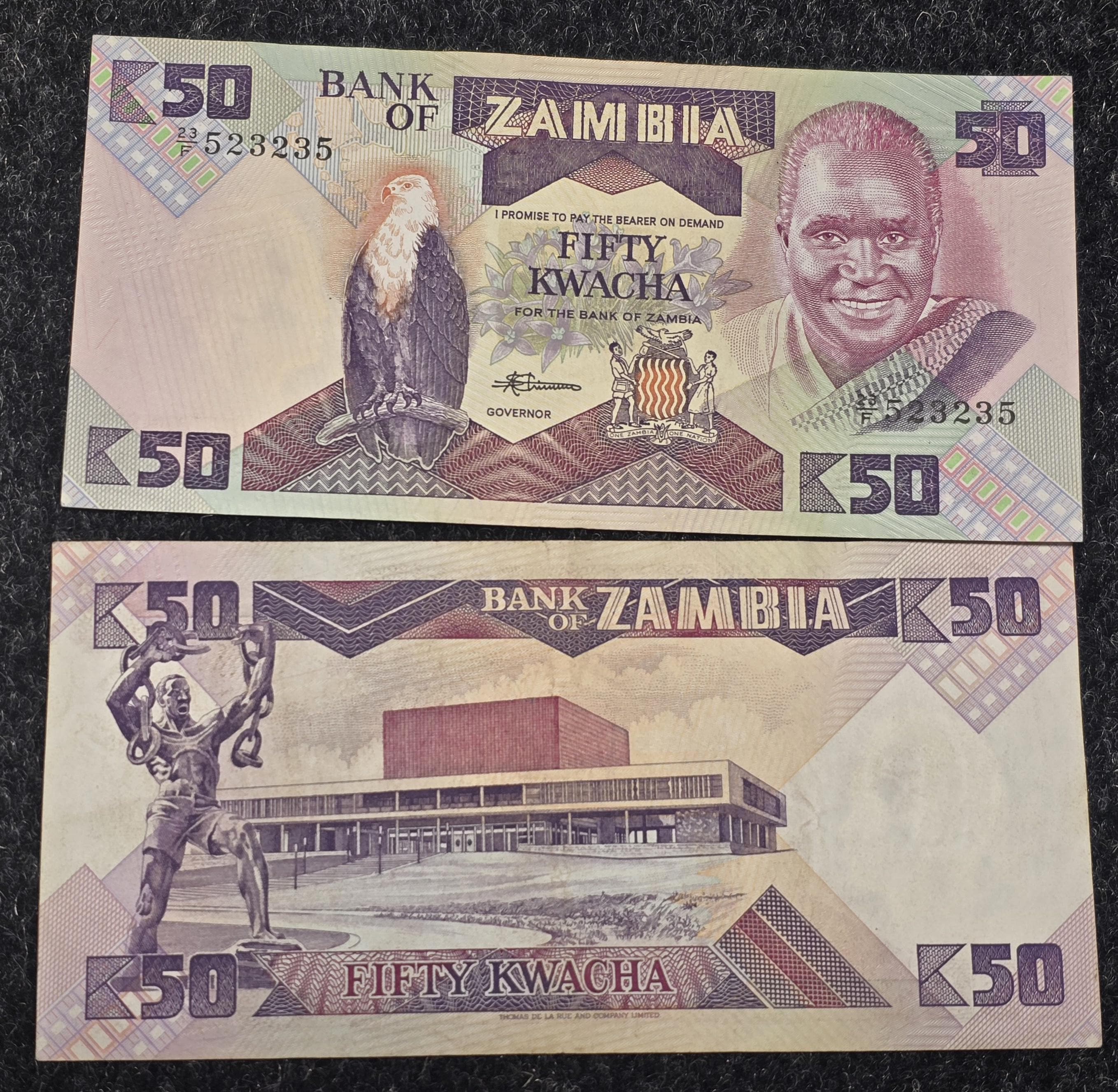 Zambia 50 Kwatcha, UNCIRCULATED, 1986, P-28; Features a Fish Eagle