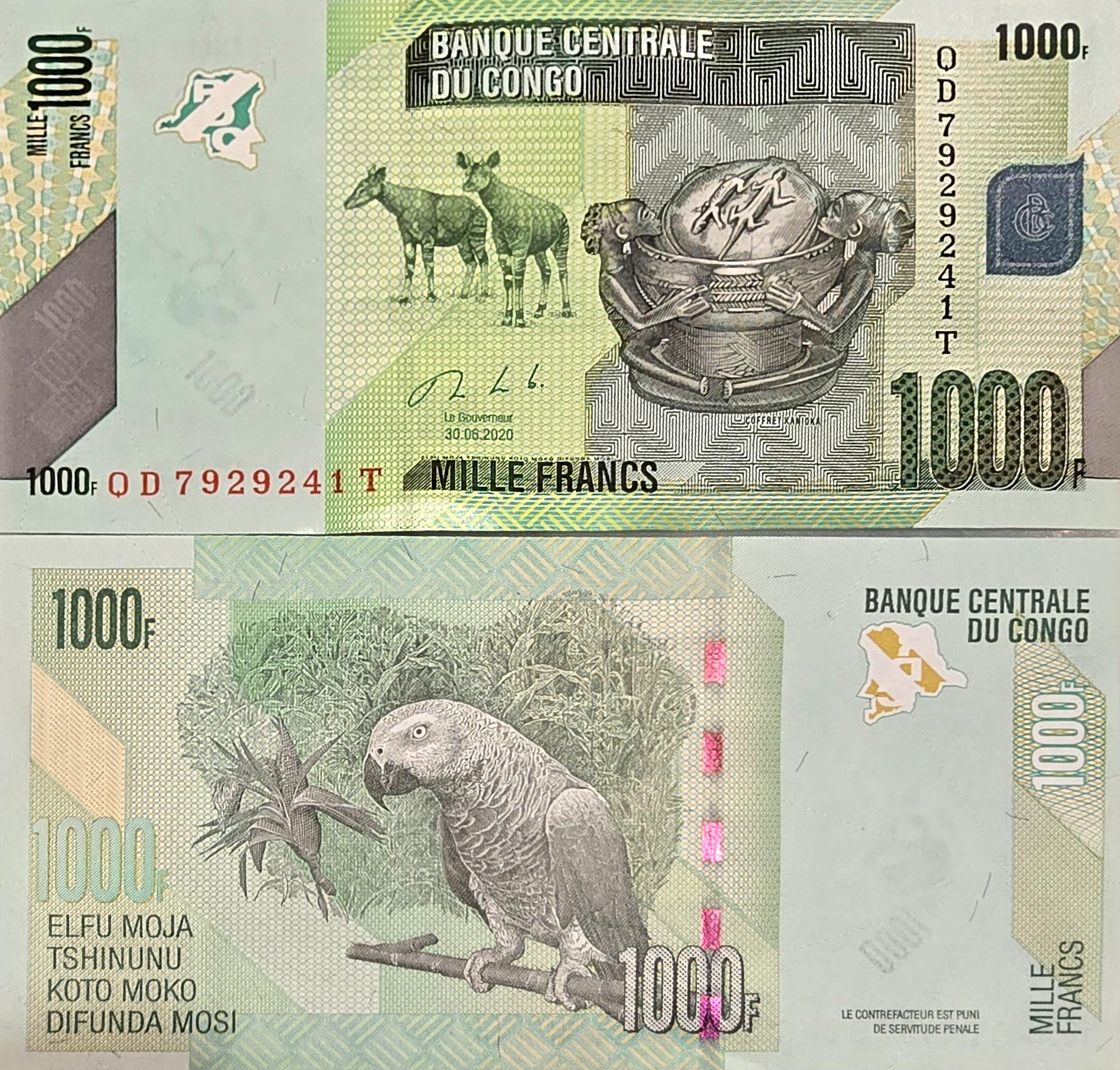 CONGO 1000 Francs, B-323c, UNCIRCULATED, 2020; Features Two Okapi; Lizards and a PARROT