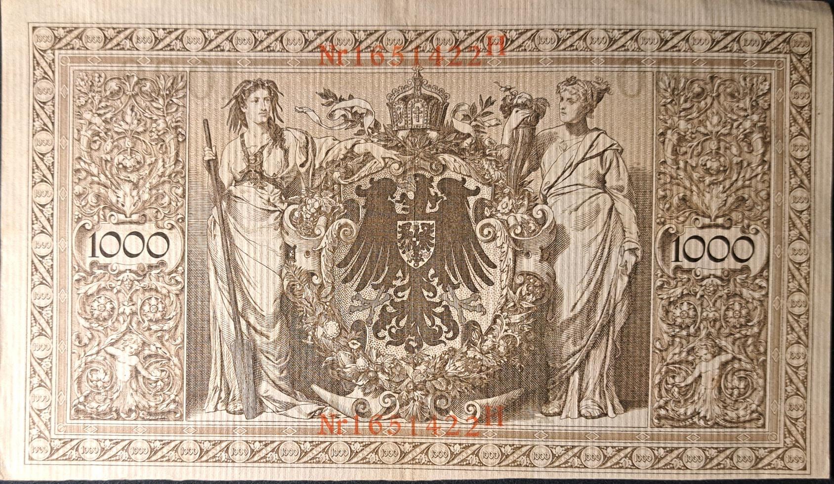 GERMANY 1000 Marks p-44b from 1910, Very Good - Fine, RED Serial Number; Allegorical figures