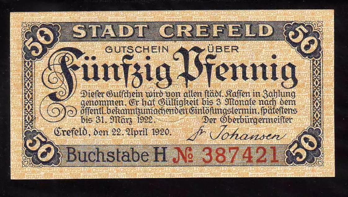 GERMAN Notgeld, CREFELD 50 Pfennig, Uncirculated from 1920