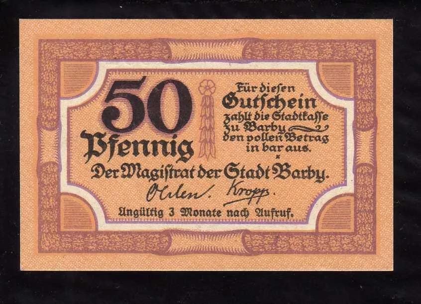 GERMAN Notgeld, BARBY 50 Pfennig, Uncirculated from 1921