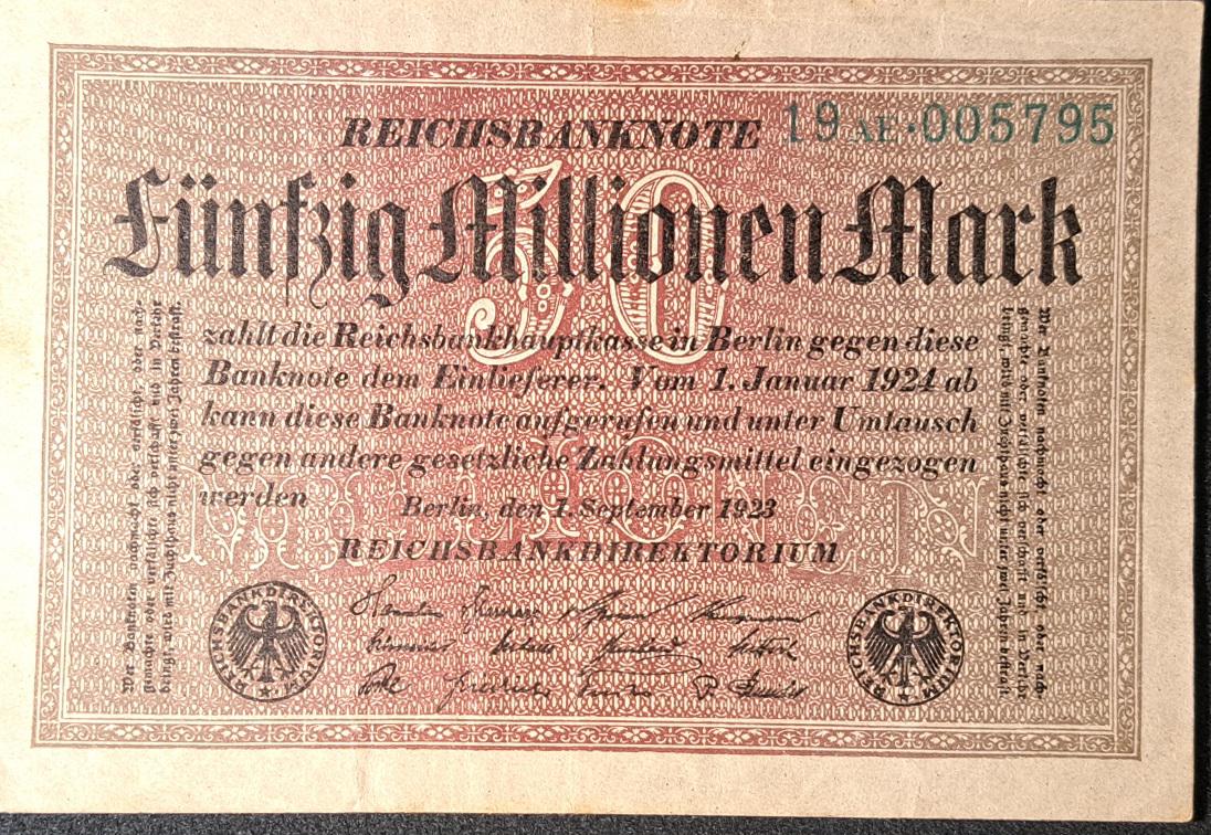 GERMANY 50 MILLION Mark Banknote; p-109 from 1923, Very Fine; Uncommon Uniface Note