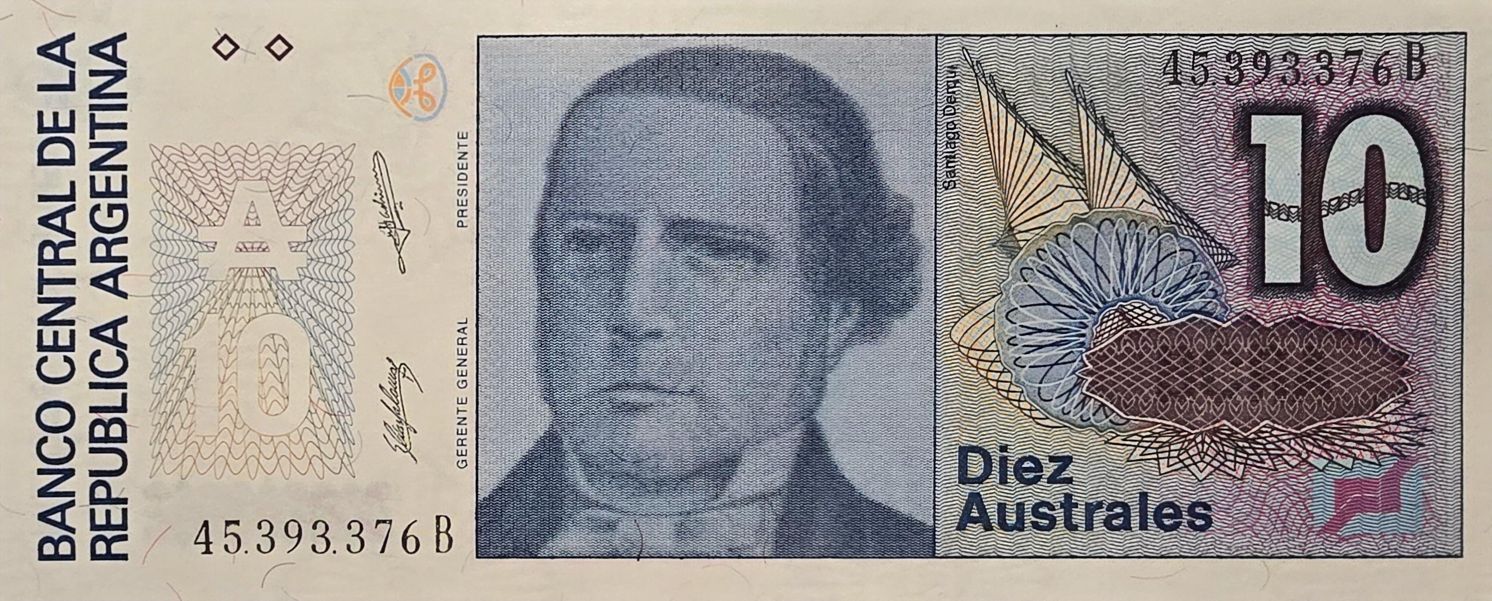 Argentina 10 Australes, P-325b, UNCIRCULATED; 1985; features S. Derqui