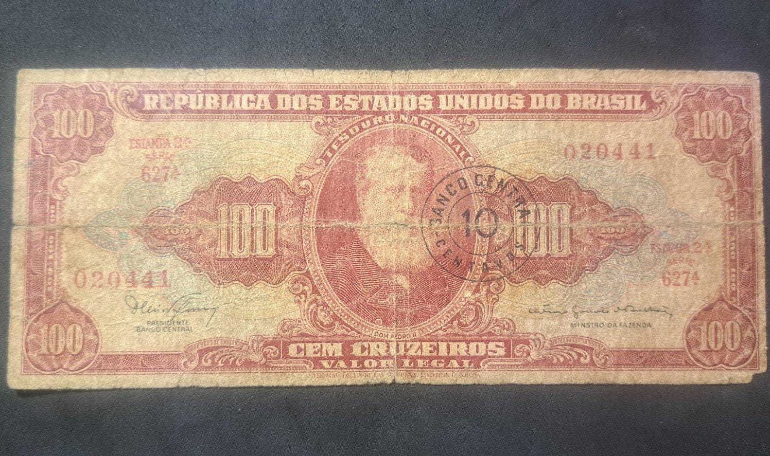 Brazil 10 Centavos on a 100 Cruzeiros; P-185a; Low Grade; 1967; features Dom Pedro II