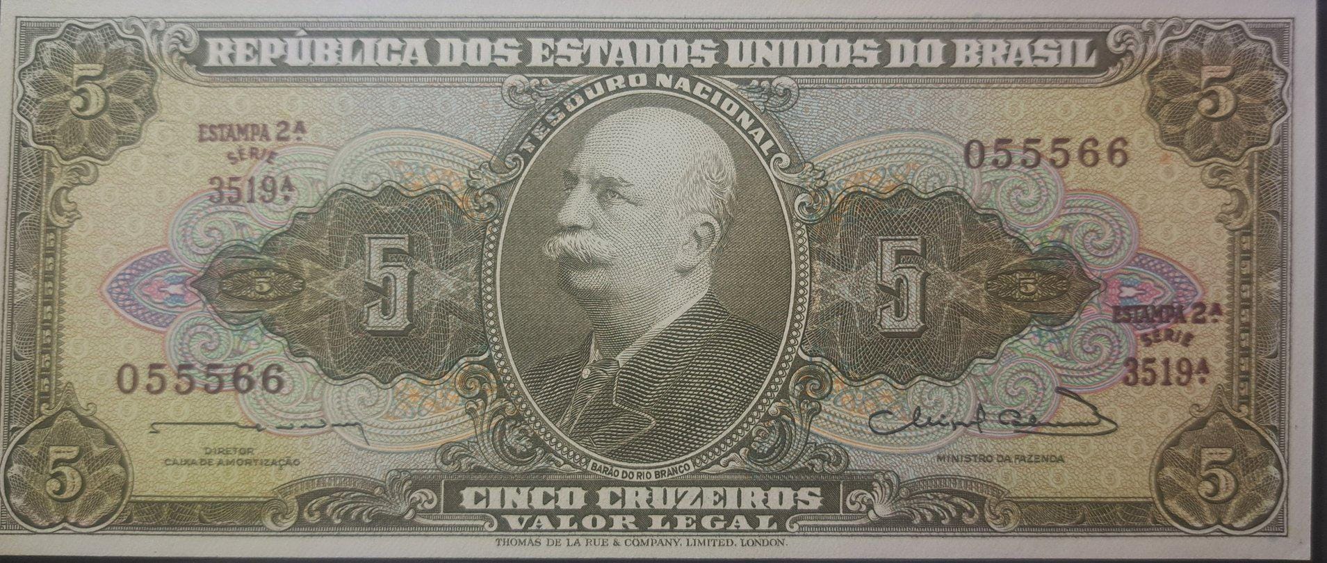 Brazil 5 Cruzeiros, P-176b; UNCIRCULATED; 1964; features the Amazon Conquest