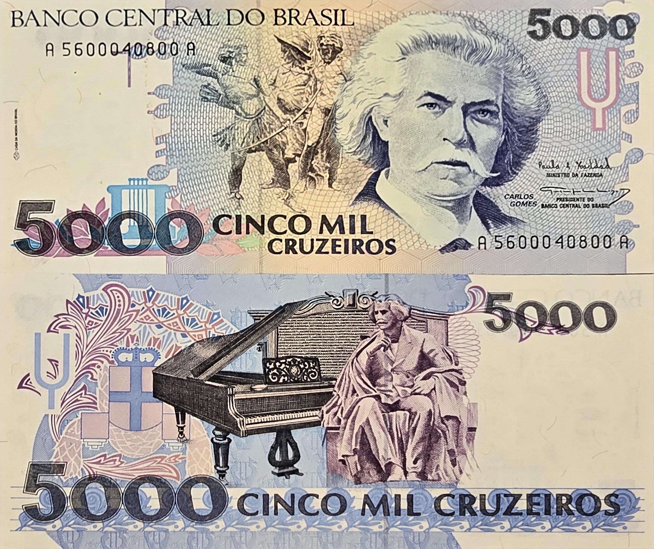 BRAZIL 5000 Cruzeiros banknote, P-232c, Uncirculated, 1993, features C. Gomes