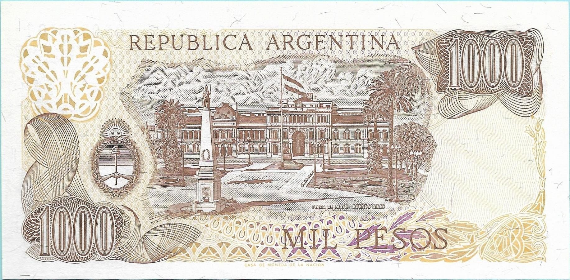 Argentina 1000 Pesos, P-304d; UNCIRCULATED; 1976-83; features a Plaza