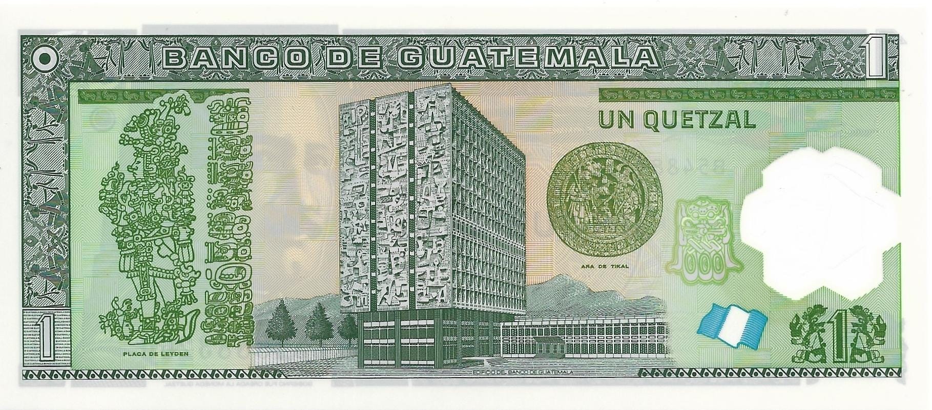 GUATEMALA 1 Quetzals, P-115d, UNCIRCULATED, 2012; features a Bank and the Quetzal Bird; POLYMER