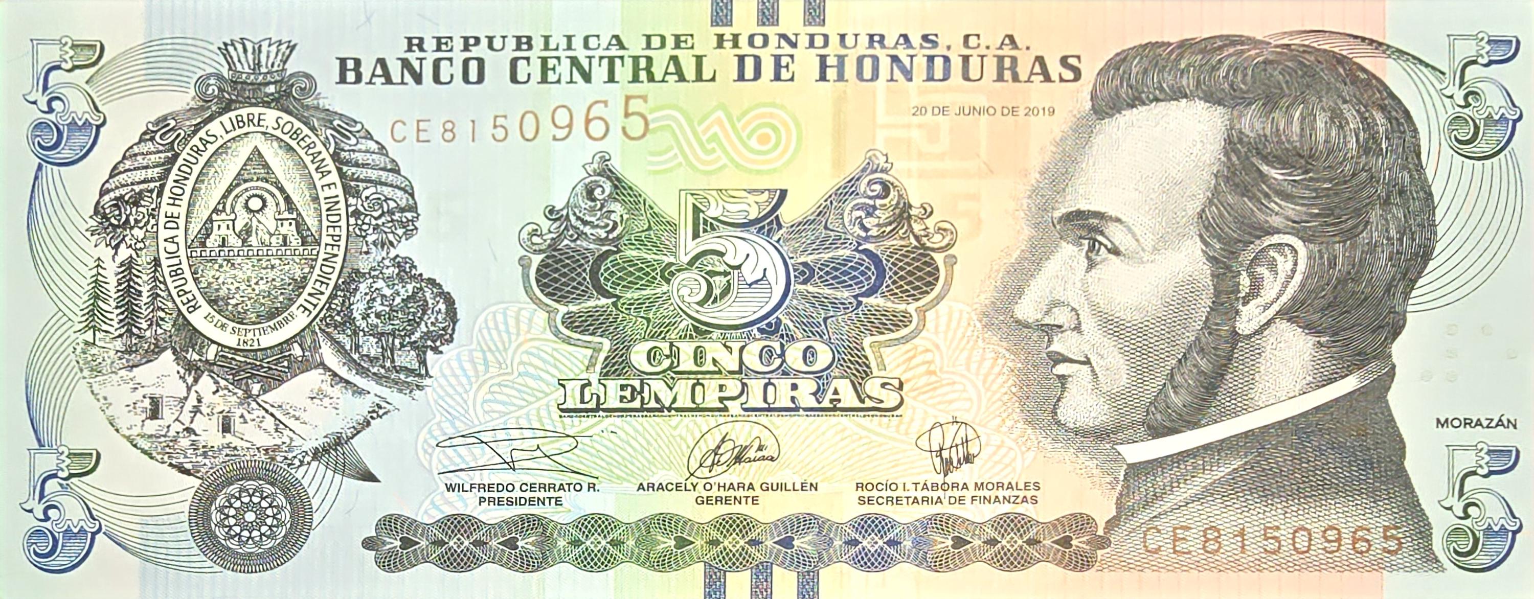 HONDURAS 5 Lempira Banknote, B-346d, UNCIRCULATED from 2019; featuring The Battle of Trinidad (1827)