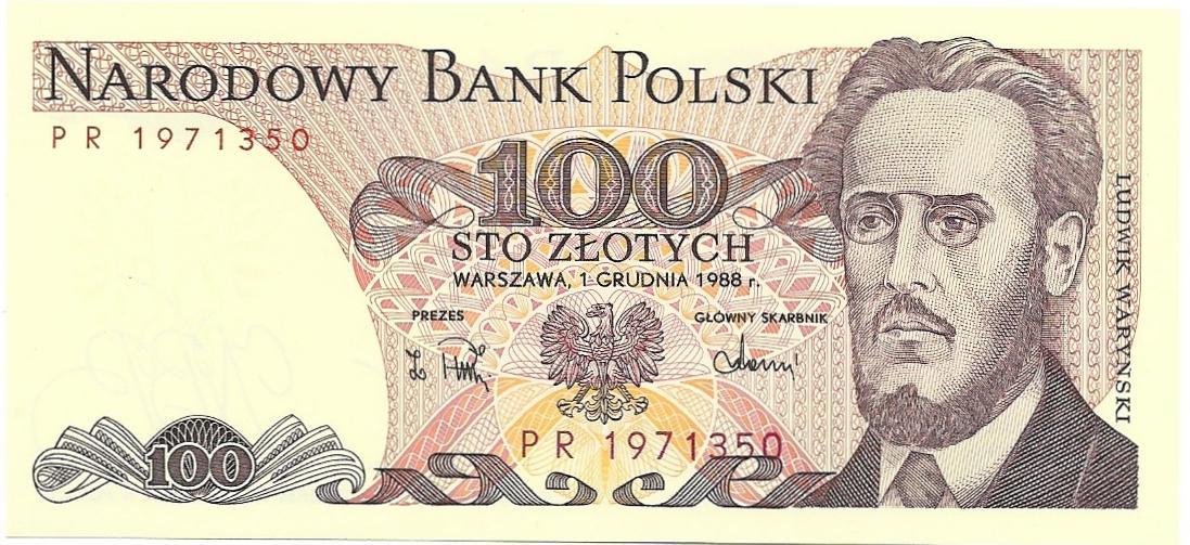POLAND 100 Zlotych, P-143e from 1986-88; UNCIRCULATED; features L. Warynski