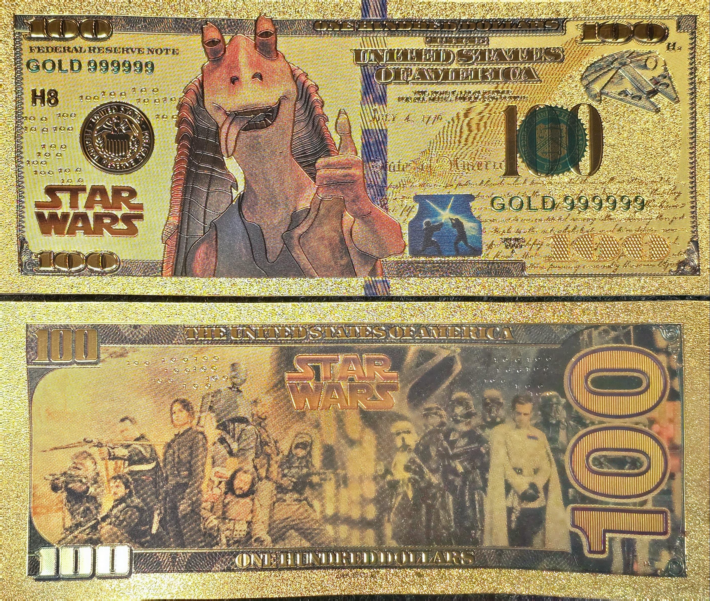 JAR JAR Binks: Star Wars Galaxy .9999 GOLD Foil 100 Dollars Fantasy Note; Full color scene on back; Comes in a Collector Display holder