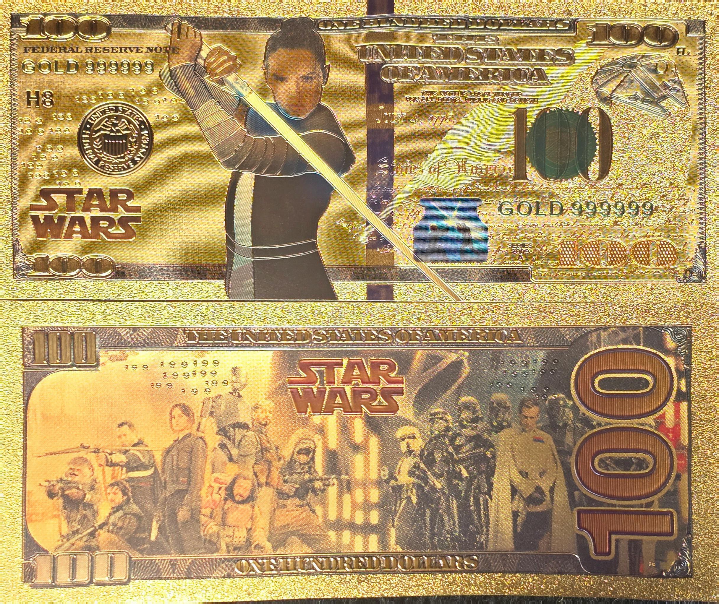 REY SKYWALKER: Star Wars Galaxy .9999 GOLD Foil 100 Dollars Fantasy Note; Full color scene on back; Comes in a Collector Display holder