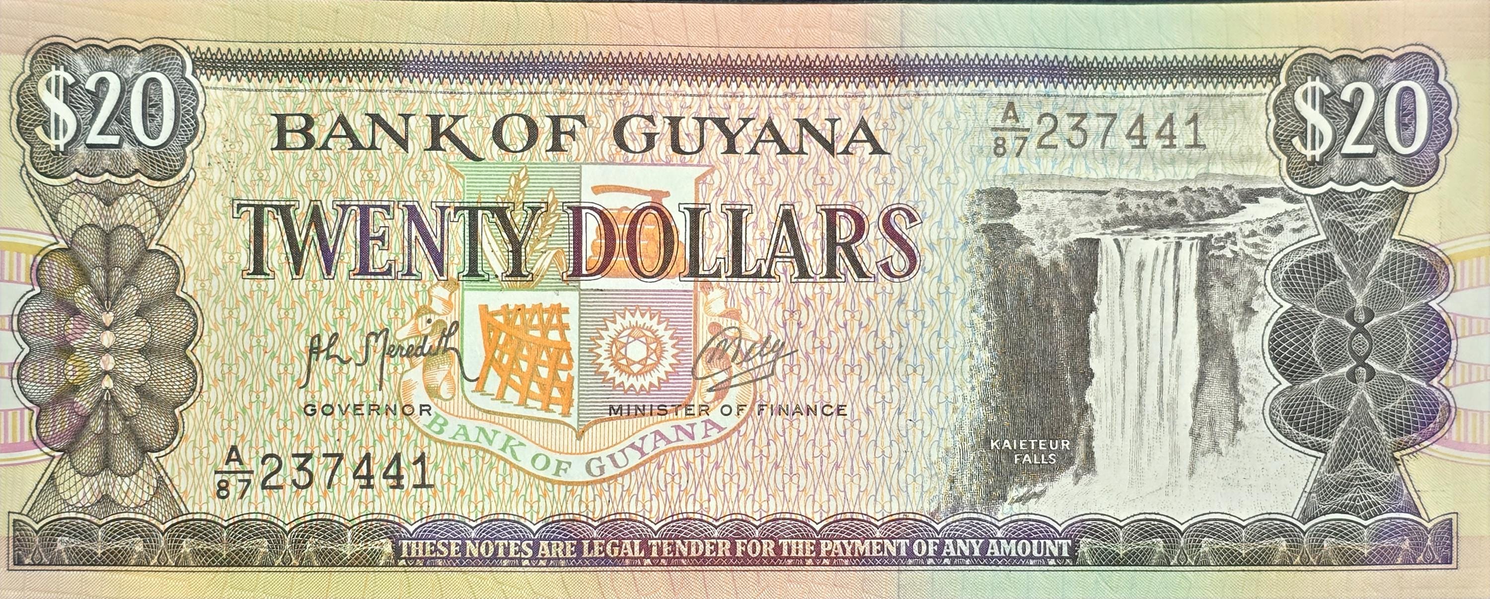Guyana 20 Dollars, P-27, UNCIRCULATED, 1989, Sign 9, features the Kaieteur Waterfalls