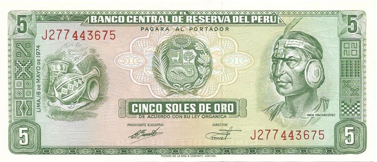 PERU 5 Soles de Oro, P-99c, UNCIRCULATED, 1974; Featuring Inca fortress