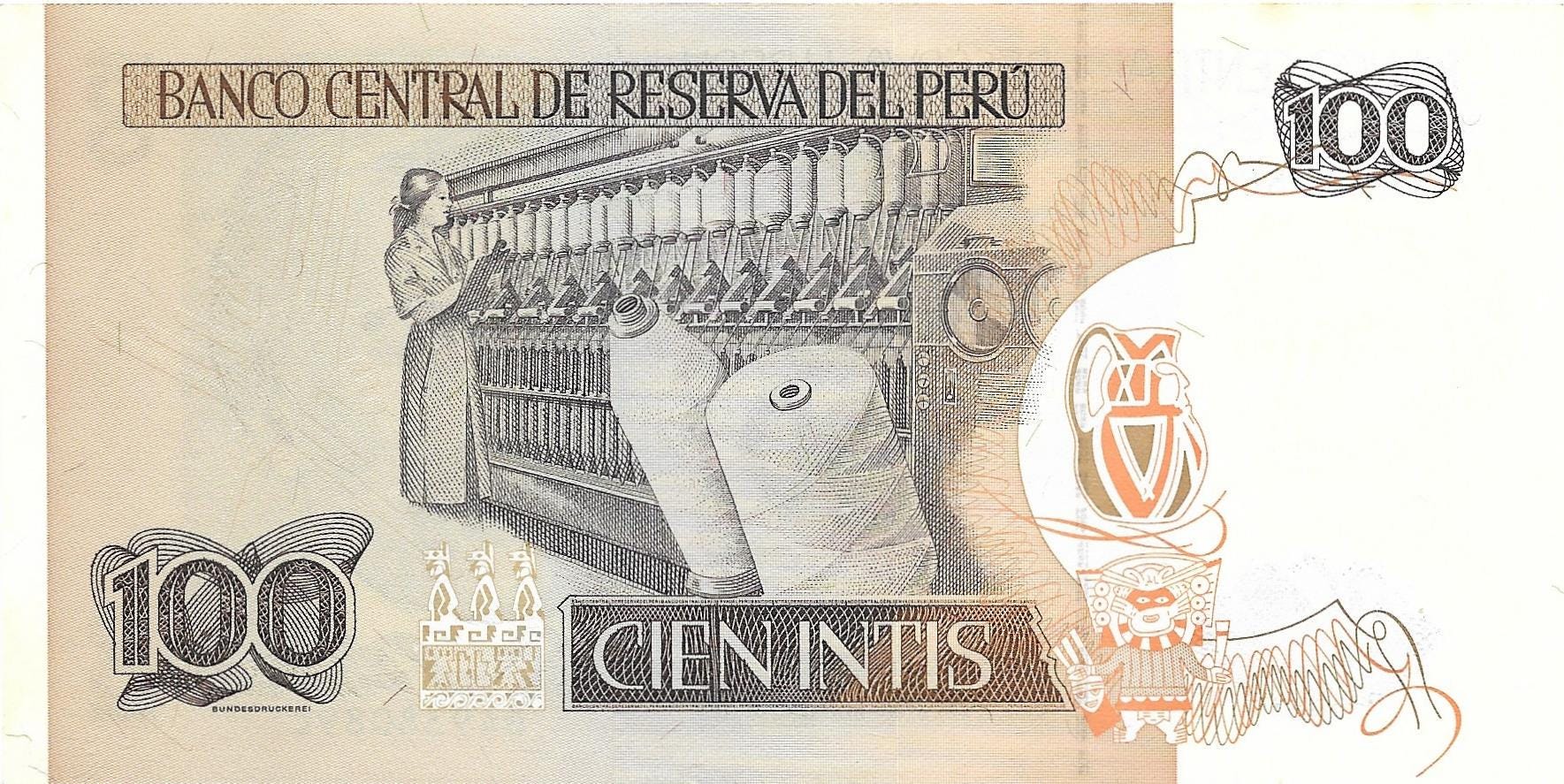 PERU 100 Intis, P-133; UNCIRCULATED, 1987; features Cotton Spinning machine