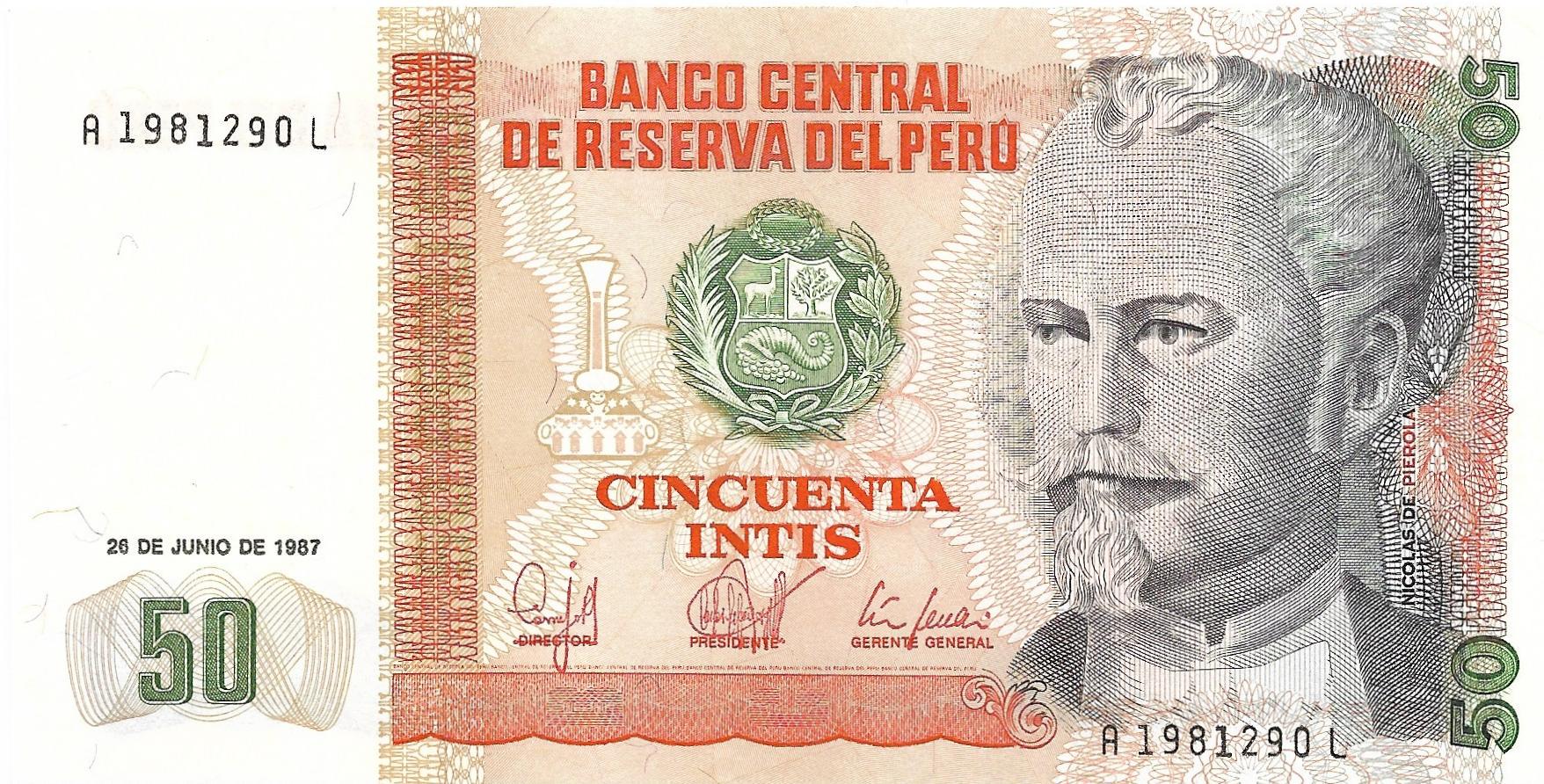 PERU 50 Intis, P-131b; UNCIRCULATED, 1987; features Oil Drilling; Helicopter