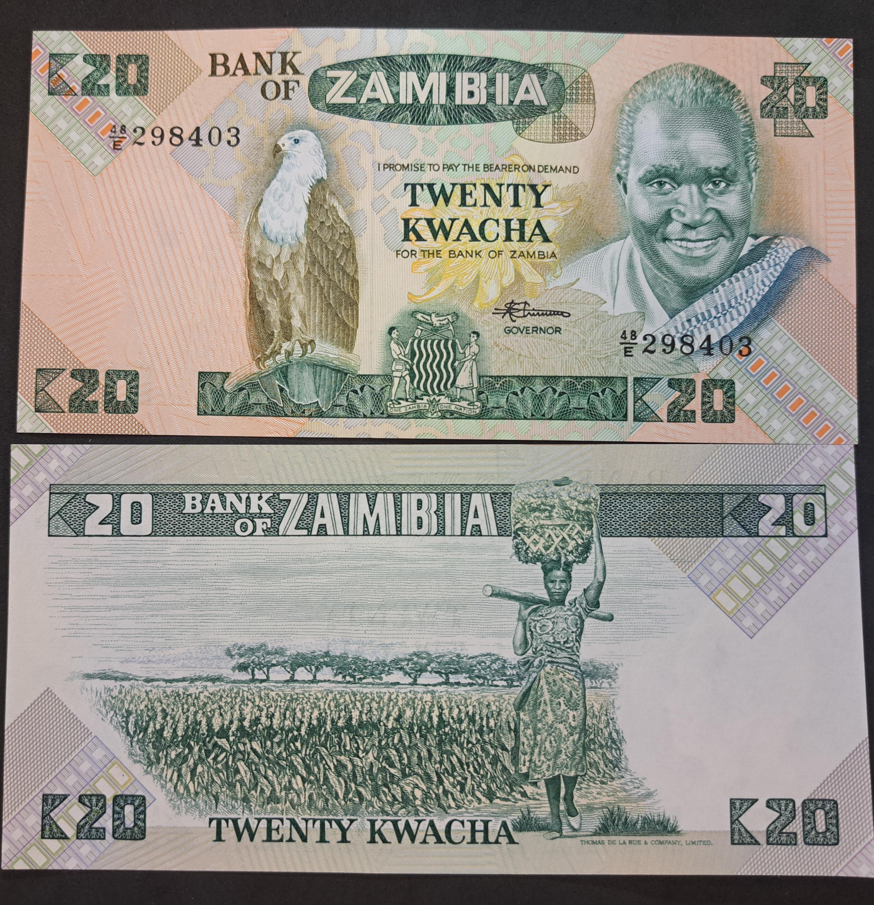 ZAMBIA 20 Kwacha, P-27e, UNCIRCULATED, 1980; Features a Fish Eagle; Woman with basket