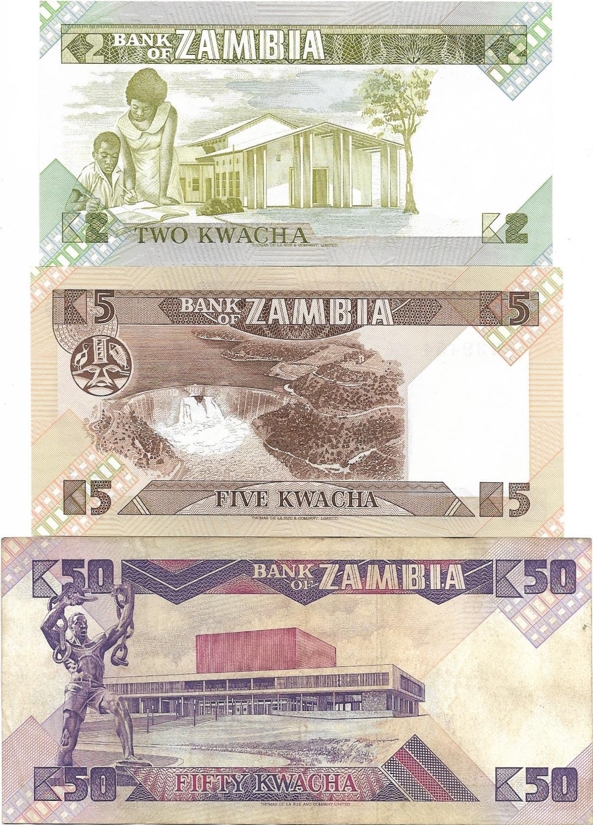 Zambia 1980's "Fish Eagle" SET; 2, 5 and 50 Kwatcha; All UNCIRCULATED