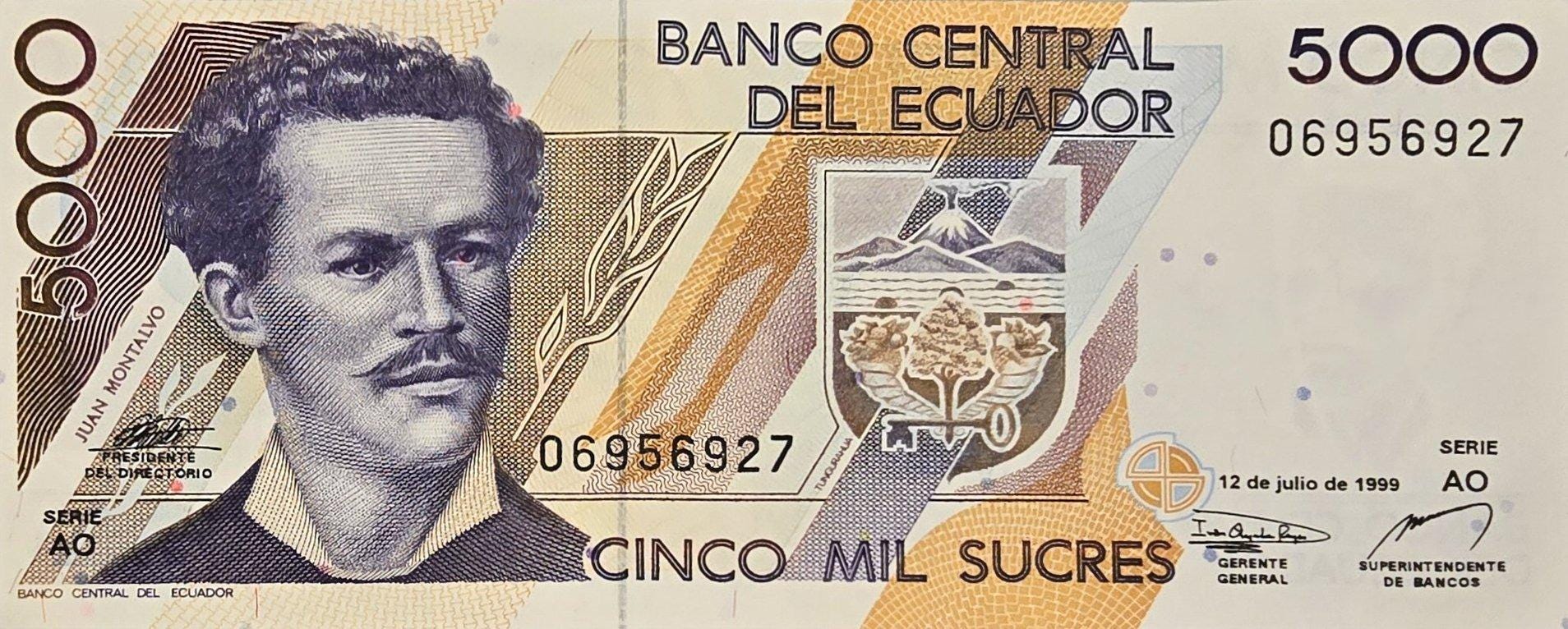 ECUADOR 5000 Sucres, P-126, UNCIRCULATED, 1999; Hard to Find - Penguin and Turtle