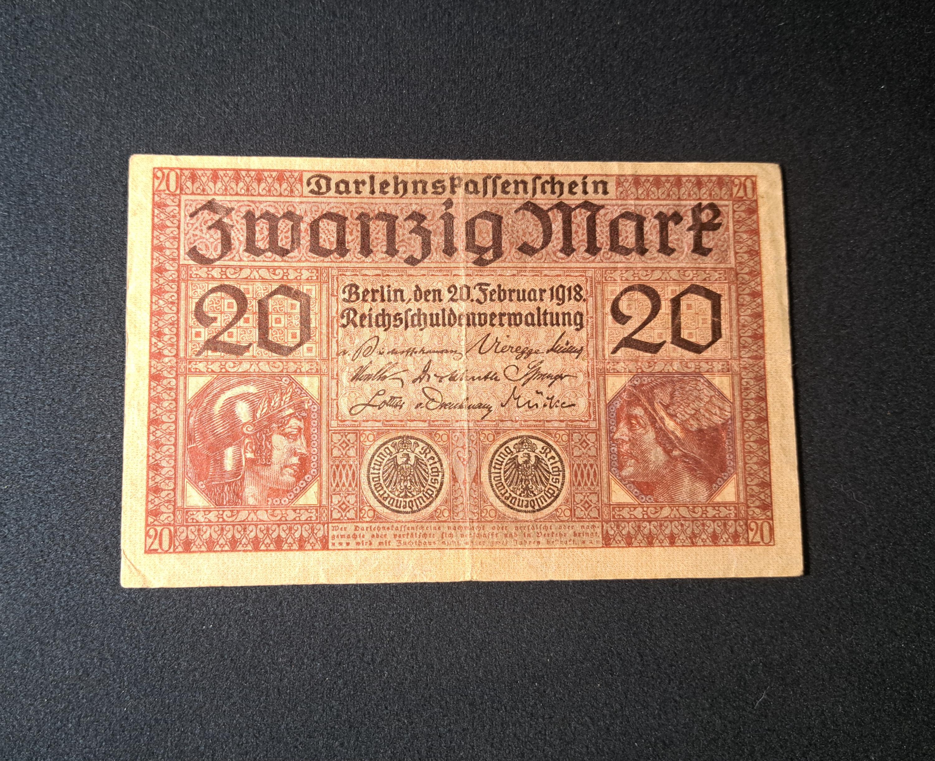 GERMANY 20 Marks, p-57, 1918, Very Good (VG), Allegorical figures of Minerva and Mercury