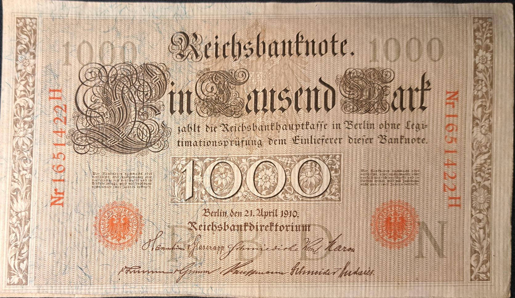 GERMANY 1000 Marks p-44b from 1910, Very Good - Fine, RED Serial Number; Allegorical figures